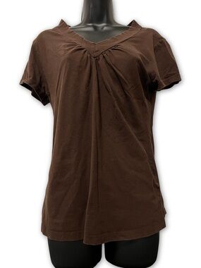 Women's Brown V-Neck Short Sleeve Tee with Front Gather